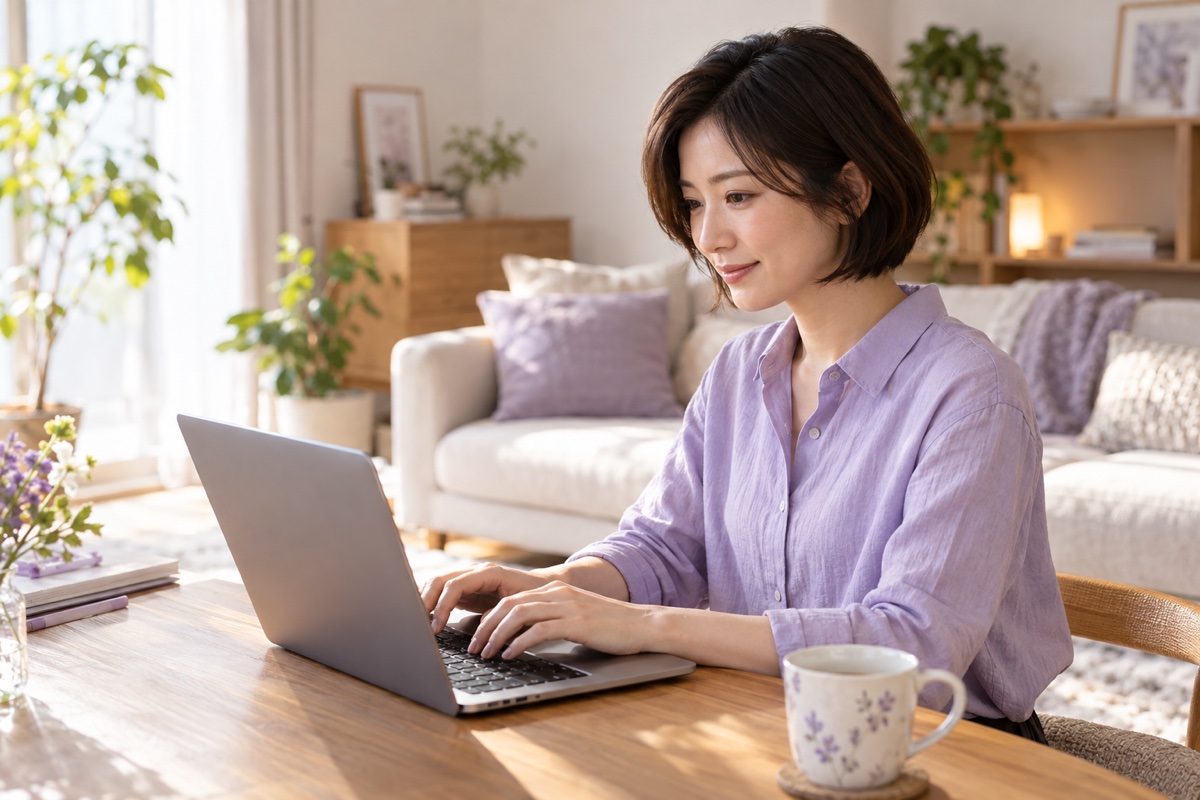 リビングのテーブルで、画面を見ながら両手でPC作業をする架空の成人女性。AI生成イメージ。